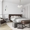 Elegant Bedroom With Brown Leather Bed White Walls Chandelier Bedside Tables Chair And Rug