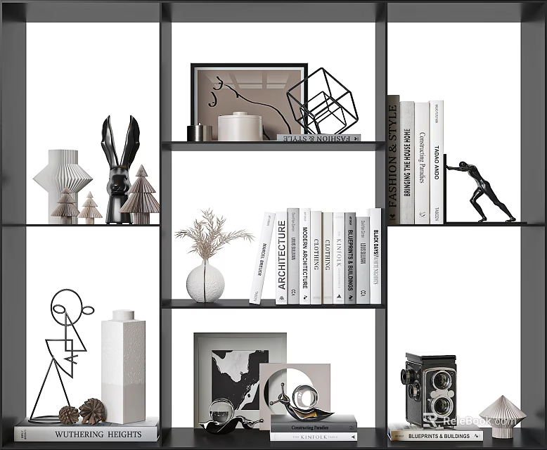 Stylish Decorative Ornament Combination on Shelf with Geometric Ornaments Rabbit Figurine Vase Books and Camera 3d model 