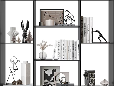 Stylish Decorative Ornament Combination on Shelf with Geometric Ornaments Rabbit Figurine Vase Books and Camera 3d model
