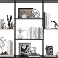 Stylish Decorative Ornament Combination on Shelf with Geometric Ornaments Rabbit Figurine Vase Books and Camera