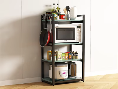 Multi Tier Kitchen Storage Shelf With Microwave Pot Spice Bottles And Rice Cooker 3d model