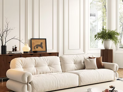 Modern White Sofa Coffee Table Set With Plush Pillows Wall Paneling In Bright Living Room 3d model