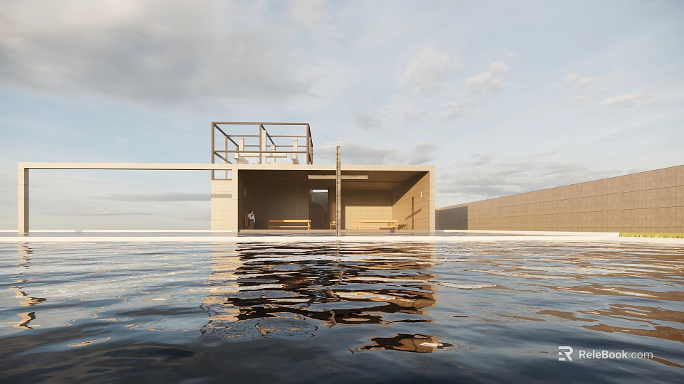 Modern Religious Sanctuary with Pool Water Reflection Wooden Benches and Simple Design 3d model 