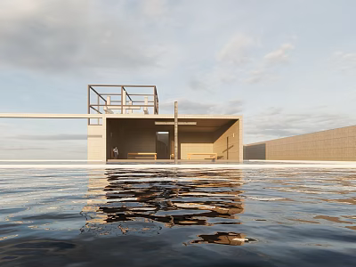 Modern Religious Sanctuary with Pool Water Reflection Wooden Benches and Simple Design 3d model