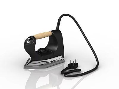 Black Electric Iron With Wooden Handle And Power Cord For Household Use 3d model
