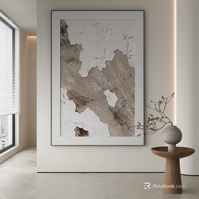 Abstract Painting on White Wall with Modern Vase Wooden Table Soft Light Textured Design 3d model 