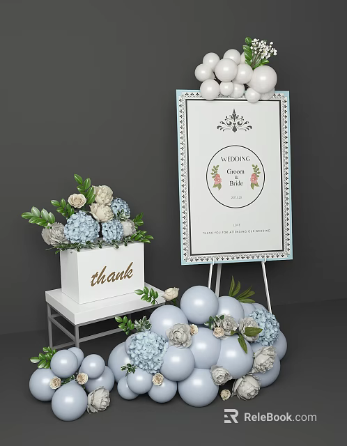 Wedding Display Shelf With Guest Book Floral Arrangement Balloons And Thank You Box 3d model 