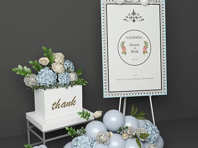 Wedding Display Shelf With Guest Book Floral Arrangement Balloons And Thank You Box 3d model