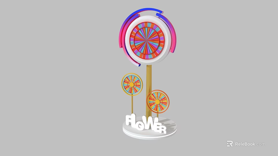 Colorful Rotating Circular Art Installation with Vibrant Arcs and Flower Base 3d model 