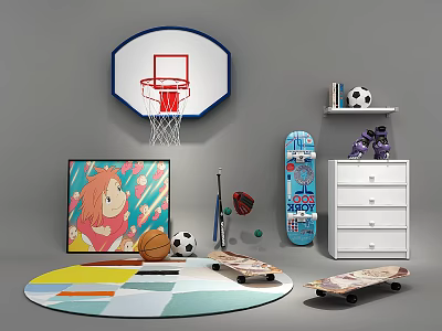 Sports Equipment Setup With Basketball Hoop Skateboards Balls Rackets And Colorful Rug 3d model