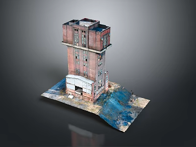 Detailed Old Red Brick Tower Model Featuring Damaged Base And Blue Area 3d model
