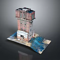 Detailed Old Red Brick Tower Model Featuring Damaged Base And Blue Area