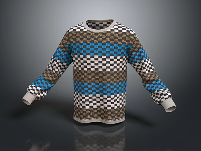 Long Sleeved Round Neck Sweater With Checkerboard And Striped Blue Brown Beige Pattern 3d model