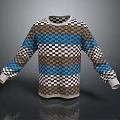 Long Sleeved Round Neck Sweater With Checkerboard And Striped Blue Brown Beige Pattern
