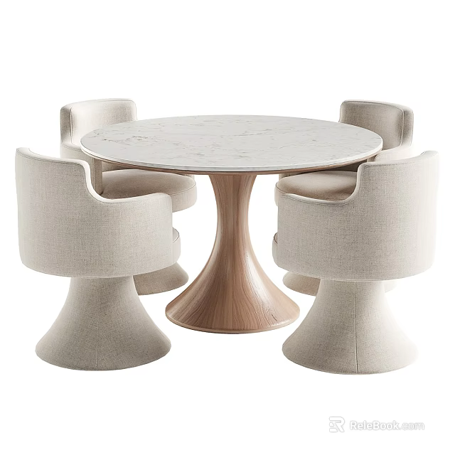 Modern Round Marble Tabletop Dining Set with Wooden Pedestal and Four Beige Upholstered Chairs 3d model 