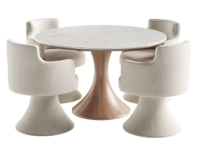 Modern Round Marble Tabletop Dining Set with Wooden Pedestal and Four Beige Upholstered Chairs 3d model