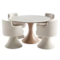 Modern Round Marble Tabletop Dining Set with Wooden Pedestal and Four Beige Upholstered Chairs