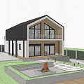 Modern Detached Villa With Large Glass Windows Balcony And Landscaped Garden Surrounded By Trees