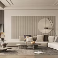 Modern Living Room Interior With Light Beige Sofa Circular Mirror And Striped Accent Wall