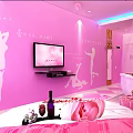 Romantic Hotel Room With Pink Walls White Female Silhouettes TV Rose And Bathtub