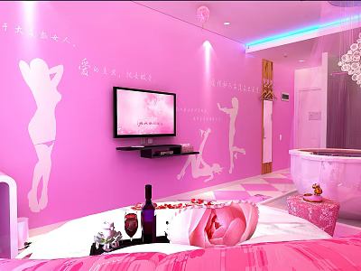 Romantic Hotel Room With Pink Walls White Female Silhouettes TV Rose And Bathtub 3d model