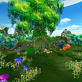 Cartoon Scenery With Blue Sky White Clouds Big Green Tree Rocks Grass And Colorful Flowers