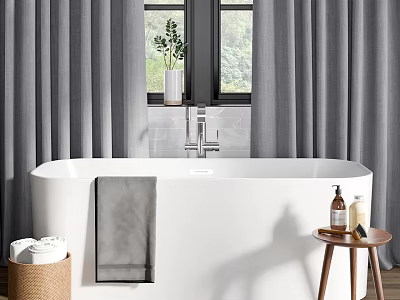 White Bathtub With Gray Curtains Window Potted Plant Gray Towel Wooden Table And Toiletries Basket 3d model