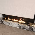 Modern Fireplace Interior With Burning Flames And Marble Mantel On Wooden Floor