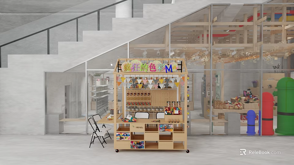 Colorful Plastic Toys Display On Wooden Shelf In Children's Play Store With Glass Wall 3d model 