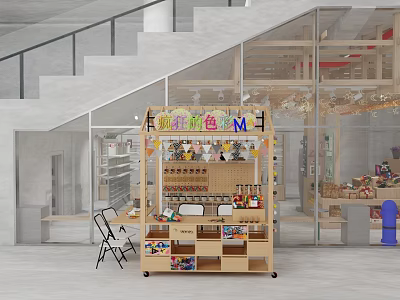 Colorful Plastic Toys Display On Wooden Shelf In Children's Play Store With Glass Wall 3d model