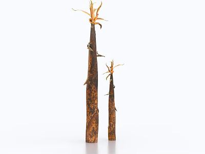Two Bamboo Stems With Brown Color And Dried Leaves On White Background 3d model