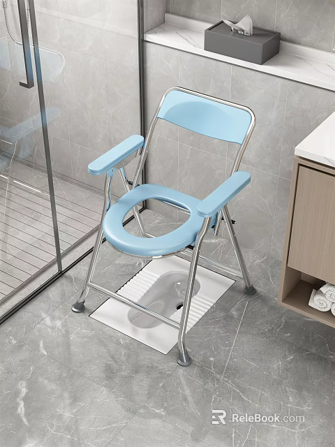 Blue Folding Toilet Chair In Bathroom With Non Slip Mat And Wooden Cabinet 3d model 