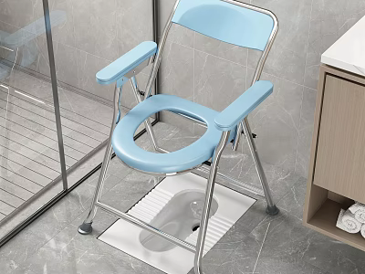 Blue Folding Toilet Chair In Bathroom With Non Slip Mat And Wooden Cabinet 3d model