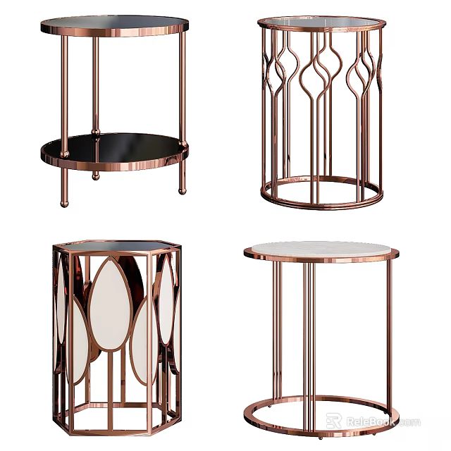Elegant Modern Dining Tables With Copper Metal Frame And Round Marble Top Design 3d model