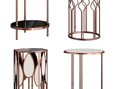 Elegant Modern Dining Tables With Copper Metal Frame And Round Marble Top Design 3d model