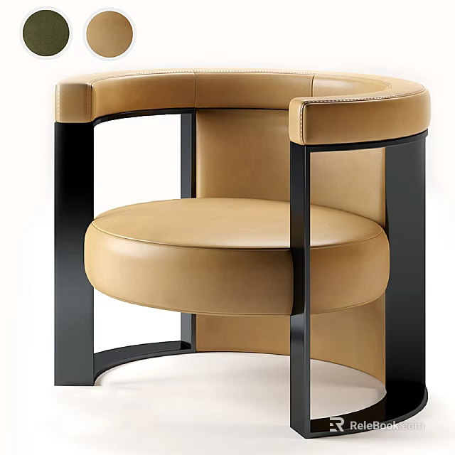 Modern Single Sofa In Beige Leather With Rounded Back And Black Metal Frame Design 3d model