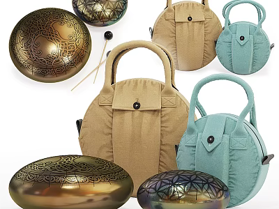 Beige Teal Canvas Handle Bags With Decorative Metal Bowls And Storage Design 3d model