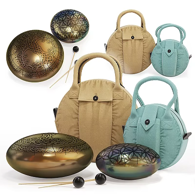 Beige Teal Canvas Handle Bags With Decorative Metal Bowls And Storage Design 3d model
