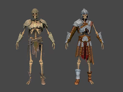 Two Skeleton Warriors In Armored Attire With Distinct Helmets And Decorative Armor 3d model