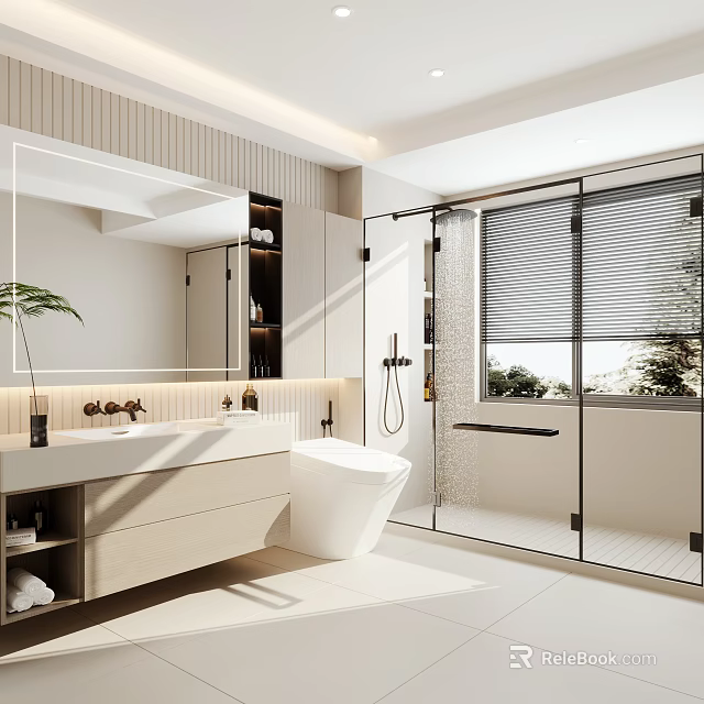Modern Bathroom Interior Design With Large Mirror Vanity And Glass Shower Enclosure 3d model 