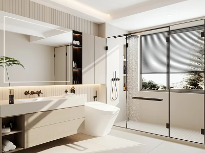 Modern Bathroom Interior Design With Large Mirror Vanity And Glass Shower Enclosure 3d model