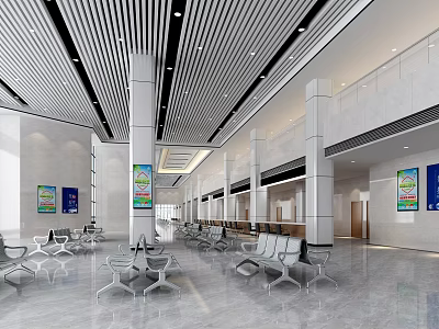 Spacious Service Hall Modern Interior Design With Metal Ceiling Comfortable Seating And Information Posters 3d model