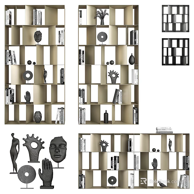 Modern Wooden Bookcase Interior Design With Books Sculptures And Decorative Items 3d model 