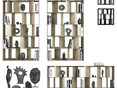 Modern Wooden Bookcase Interior Design With Books Sculptures And Decorative Items 3d model