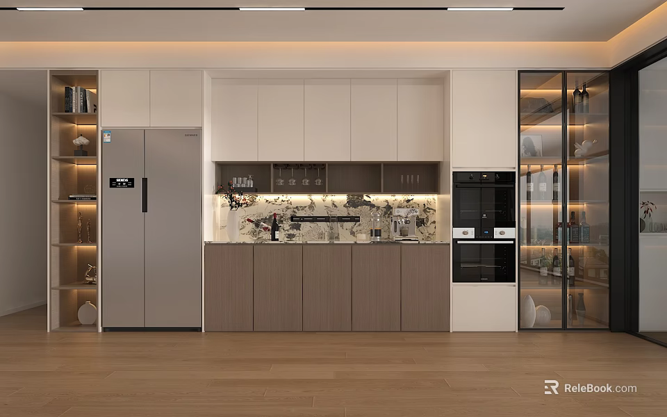 Modern Kitchen Sideboard Design With White And Wooden Cabinets Glass Door Storage And Ambient Lighting 3d model 