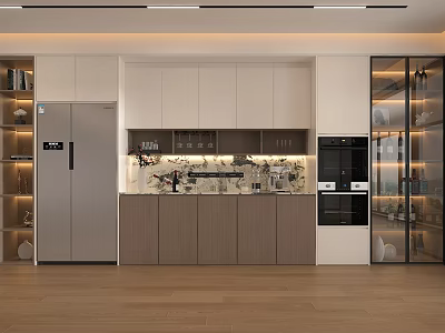 Modern Kitchen Sideboard Design With White And Wooden Cabinets Glass Door Storage And Ambient Lighting 3d model