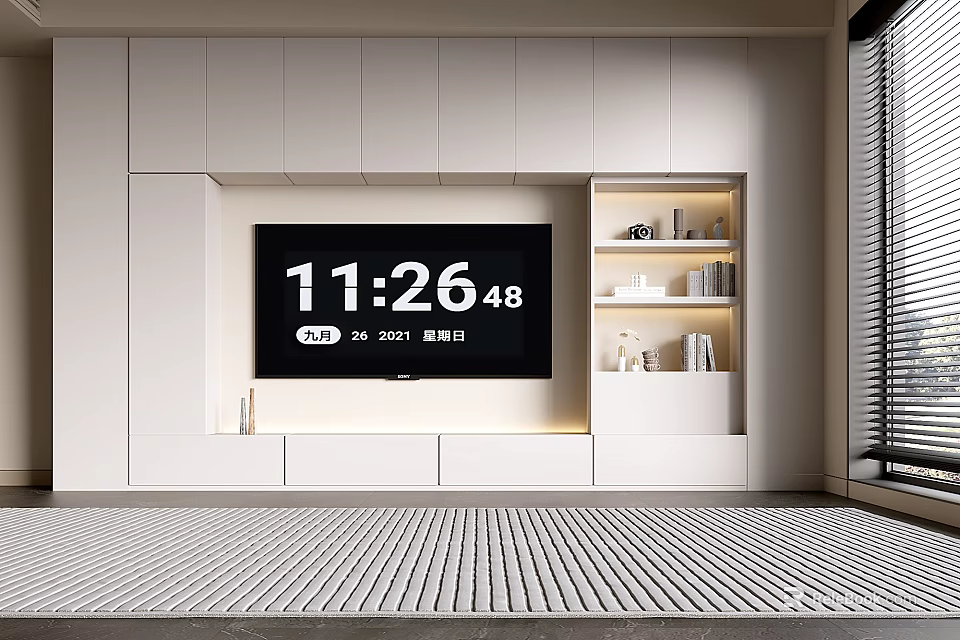 Modern White TV Cabinet with Built in Flat Screen TV and LED Lit Open Shelves 3d model 