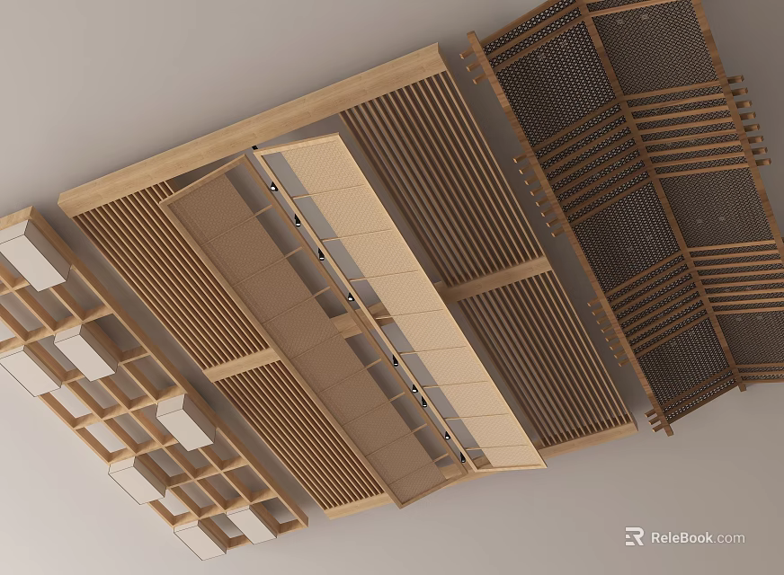 Wooden Slatted Modern Ceiling Design With Grid Panels And Various Materials 3d model