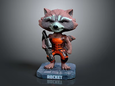 Rocket Raccoon Action Figure In Red Outfit Holding Gun On Base With Name 3d model