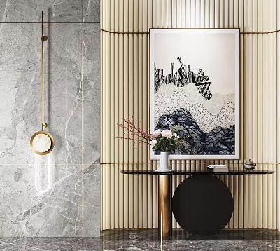 Elegant Console Table with Decorative Painting Vase Flowers Bamboo Screen and Pendant Light 3d model